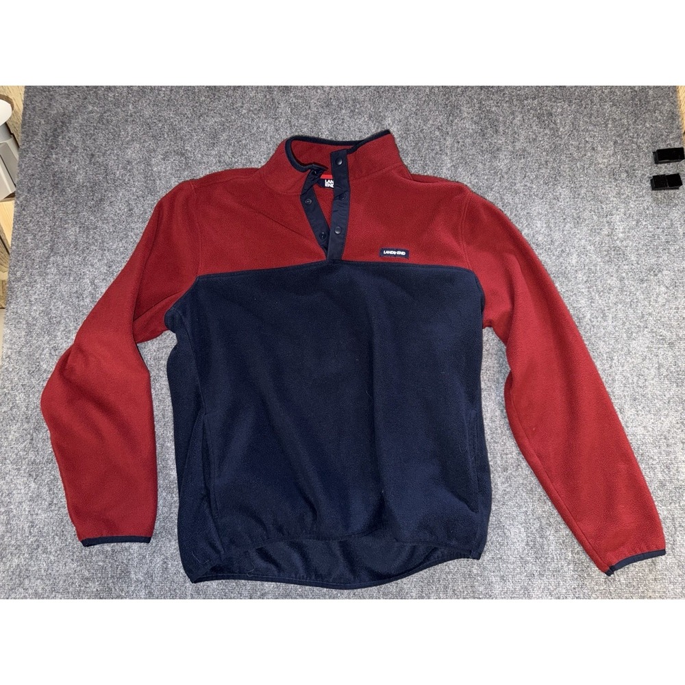 Vintage Lands End Fleece Pullover Snap Up Red Navy Colorblock XL Gorpcore